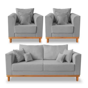 Imagem de Kit Sofá 3 Lugares e 2 Poltronas Beny Viena Linho Cinza - Madeira Prim
