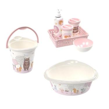 Imagem de Kit Banho Do Bebe Balde,bacia E Kit Higiene bichinhos rosa - plasutil