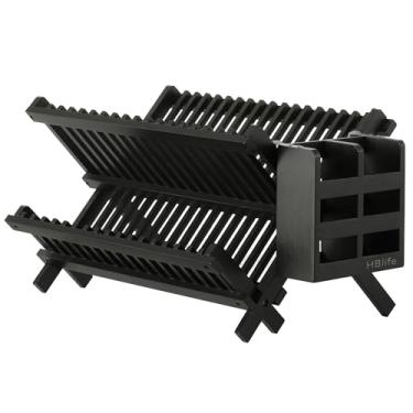 Imagem de HBlife escorredor de pratos, bambu preto dobrável, escorredor dobrável de 2 camadas, escorredor de pratos com utensílios conjunto de porta-talheres (rack de pratos com porta-utensílios)