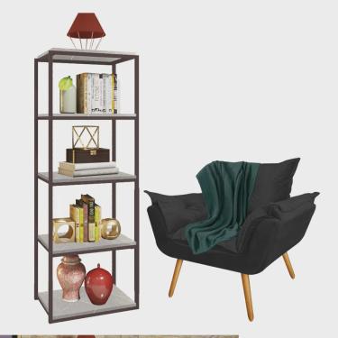 Imagem de Kit Poltrona Fatte com Manta Soft Verde e Estante Livreiro Ferro Marrom mdf Marmorizado Cinza Suede Preto - Ahz Móveis