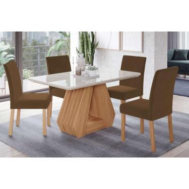 Imagem de Sala De Jantar Completa ágata c- Tampo Madeirado c- Vidro 130x80cm E 4 Cadeiras Maia Nature-suede Mascavo Chocolate - Cimol
