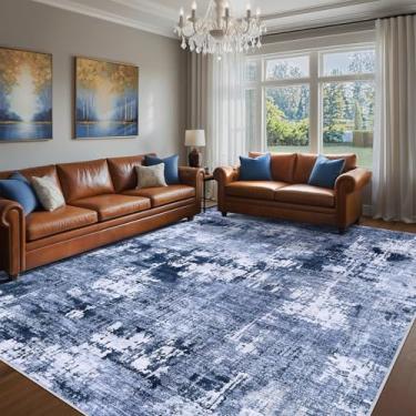 Imagem de DMOYEST Tapete de área para sala de estar – 19 x 23 lavável grande macio interior neutro moderno abstrato baixo tapete para quarto, sala de jantar, casa de fazenda, escritório em casa - azul marinho