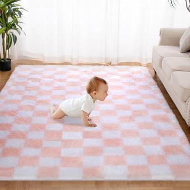 Imagem de Tapete super macio para quarto, 1,5 x 2,3 m, rosa e branco, clássico, xadrez, felpudo antiderrapante, tapete macio e fofo para sala de estar, quarto, quarto de crianças, berçário, decoração de casa