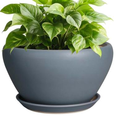 Imagem de Ceramicfor Vasos de cerâmica para plantas – Vaso de 23 cm para plantas ao ar livre, vaso grande para interior com orifício de drenagem e pires, vaso de flores moderno decorativo para decoração de