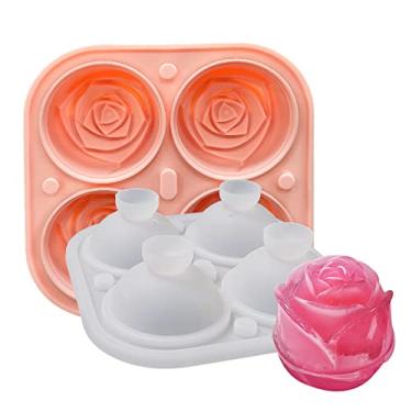 Imagem de Máquina de gelo, moldes de cubos de gelo rosa grandes bandejas de cubos de gelo com tampa 4 cavidades molde de silicone para água, uísque, coquetel