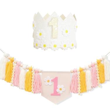 Imagem de Wjytddpu Decoração De Primeira Cadeira Alta Para Menina, Chapéu Coroa Primeiro Aniversário Com Margaridas, Festa Um Ano, Chá Bebê
