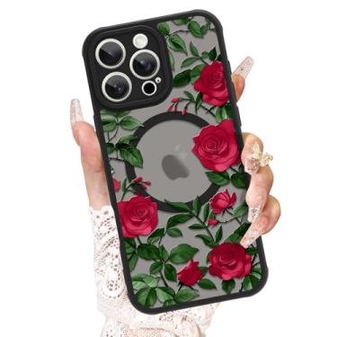 Imagem de AIGOMARA Capa para iPhone 16 Pro, compatível com MagSafe, linda estampa de flor rosa com capa de telefone fosca semitransparente para mulher Gilrs TPU macio e PC capa protetora traseira fina vermelha