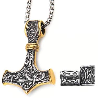 Imagem de Colar masculino Mjlonir Thor's Hammer com pingente de ouro misturado da GUNGNEER com corrente de caixa, nórdico Viking Mjolnir, aço inoxidável 316L