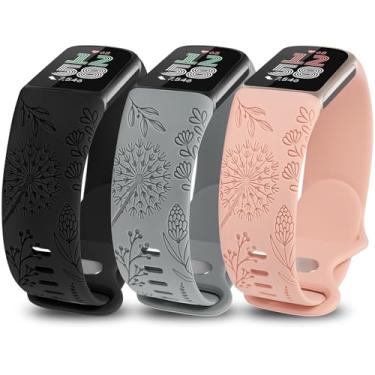 Imagem de Minyee Pacote com 3 pulseiras femininas com gravação floral, compatível com Fitbit Charge 6/Fitbit Charge 5, linda pulseira de silicone macio e flor de dente-de-leão, designer esportivo elegante de
