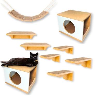 Imagem de Playground Para Gatos 9Pçs Resistente Já Montado Com Kit Fixação Tampa Superior Fechada (Branco)