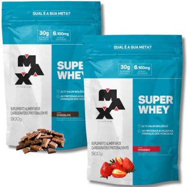 Imagem de Kit 2x Super Whey Protein Concentrado 900g Max Titanium Proteína Concentrada (KIT, CHOCOLATE E MORANGO)