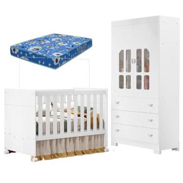 Imagem de Berço Americano e Guarda Roupa Infantil Katatau Branco Acetinado com C