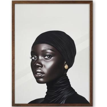 Imagem de iHery Arte de parede emoldurada de madeira de carvalho natural, preta, nogueira, 30,5 x 40,6 cm, tela hijabi moderna, preto e branco, decoração de parede, arte afro moderna para quarto, banheiro, sala