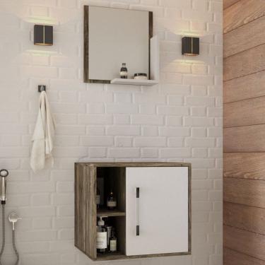 Imagem de Armário de Banheiro Olivia 1 Porta 2 Prateleiras com Espelho Carvalho Dark/Branco Chess  - Pnr Móveis