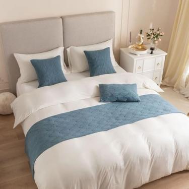 Imagem de Cachecol de cama de hotel de luxo qualidade macio cor sólida padrão de concha decorativo sem desbotamento lenço de cama dupla face para cama de solteiro queen king size azul ||50 x 240 cm para cama de