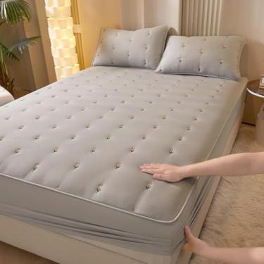 Imagem de Capa protetora de colchão acolchoada lençol de baixo ajustável de algodão bordada capa de colchão antiderrapante e anti-pó capa de colchão suave-cinzento, Queen 59 x 79 polegadas