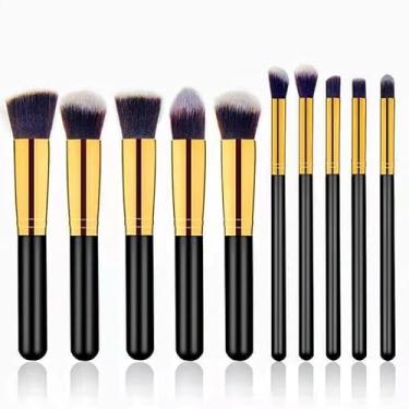 Imagem de Kit de Pincéis Kabuki Profissionais para Maquiagem – 10 Peças Premium, Cerdas Sintéticas Macias, Cabo Ergonômico, Ideal para Base, Contorno, Esfumar e Olhos – Design Luxuoso Dourado e Preto