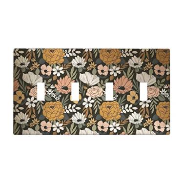 Imagem de Capa de interruptor de luz floral retrô vintage 4 gangues decorativa planta com botão quádruplo botânico bonito boho placa de parede acessórios elétricos placa frontal para banheiro, quarto, cozinha