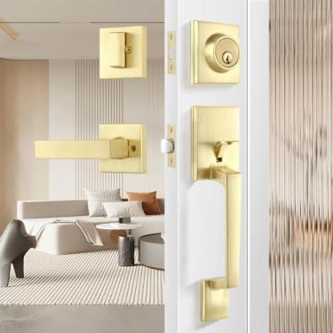 Imagem de Leydebong Maçaneta de porta de entrada dourada e fechadura e chave de fechadura de cilindro único, fechadura de porta frontal de latão escovado - Conjunto de maçaneta quadrada resistente - Maçaneta