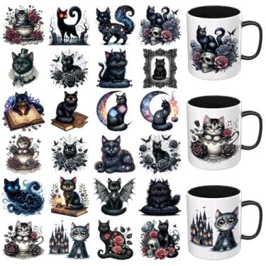 Imagem de Dorsbaby 24 peças de envoltório de copo DTF UV gótico gato preto UV DTF adequado para canecas, óculos, cadernos, computadores, mesas e cadeiras, etc. para criatividade DIY, papel de transferência UV
