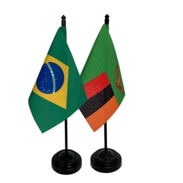 Imagem de Kit Bandeiras de Mesa Brasil e Zâmbia, Base e Haste em Plástico Preto, Tecido Oxford, Uma Face