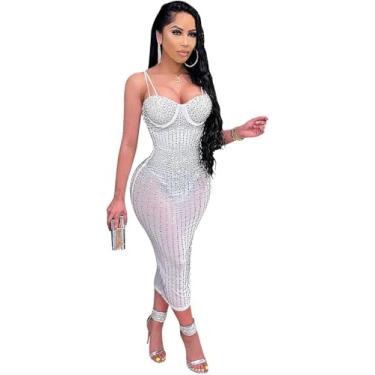 Imagem de Macacão De Vestido Rhiestoe Da Wome, Vestido De Festa Sexy Vestido De Boate Bodysuit, D-white, S