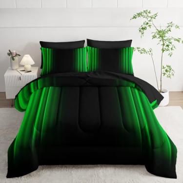 Imagem de Nttopship Jogo de cama casal verde e preto, abstrato, ombré, conjunto de 7 peças em uma bolsa, conjunto de colcha escura, decoração de arte de todas as estações, com fronhas, lençol de cima