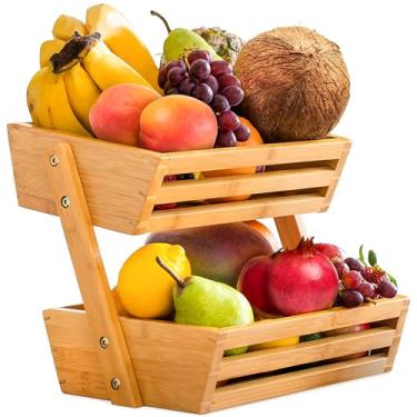Imagem de Golden Nature Cesta de frutas - Organizador de armazenamento de frutas e vegetais de bambu de 2 camadas para balcão de cozinha - Caixa de presente incluída - Montagem leve e fácil - Tigela com suporte