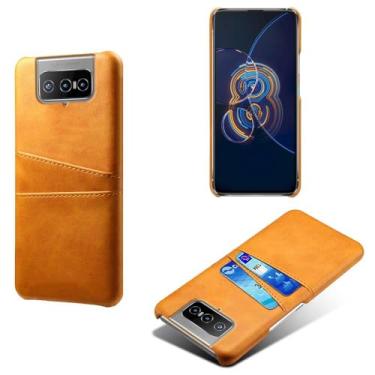 Imagem de Capas Compatível com ASUS Zenfone 8 Filip,Caso de couro PU-Tampa de telefone a prova de choque com 2 slots de cartão,Proteção anti-impressão digital e anti-gota-Yellow