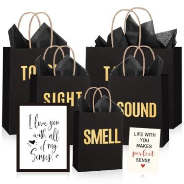 Imagem de Kolldenn 5 sacos de presente 5 sentidos para ele e ela, sacos kraft Five Senses com alças, papel de seda, envelope kraft, cartão de felicitações para aniversário, dia dos namorados, aniversário de