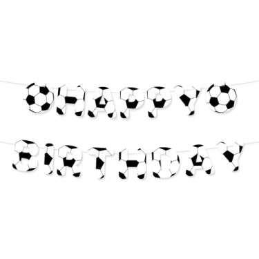 Imagem de Soccer Happy Birthday Banner, Bandeira Decoração Aniversário Futebol Pré-Montado Preto Branco Guirlanda Suspensa Bandeirola Painel Fundo Foto para Meninos Meninas Festa Esportivo Suprimentos