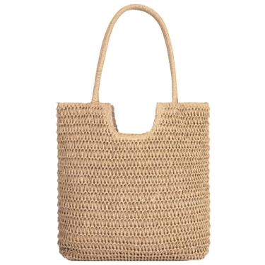 Imagem de RNIEGA Bolsas de praia femininas de verão leve de palha de tecido bolsa de ombro para férias, 1 marrom, Large