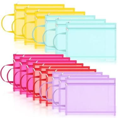 Imagem de Marspark 15 bolsas de malha com zíper coloridas de camada dupla de nylon A4 com alça conjunto de blocos de montar, organização de armazenamento de brinquedos para escola, escritório, casa, viagem (cor