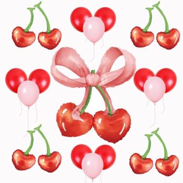 Imagem de Giant Cherry Bowknot Balloon Set with Delicious-Looking Cherry Balloons and Red/Pink Latex Balloons - Perfect for Birthday Party baby showers bridal showers anniversary celebrations Decorations 25pcs