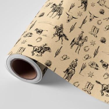 Imagem de JarThenaAMCS Papel de embrulho de cowboy ocidental - Mini rolo - 43 cm x 80 m preto Kraft Wild West Rodeo papel de embrulho de presente papel de arte de fazenda para aniversário chá de bebê artesanato