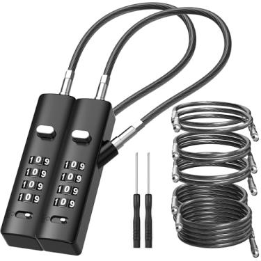 Imagem de I-EASYDWW Cadeado de bagagem de cabo combinado de 4 dígitos com 3 cabos de aço intercambiáveis (23 cm/61 cm/119 cm) – para bicicleta, mochila, academia, armário, portão (preto, pacote com 2)
