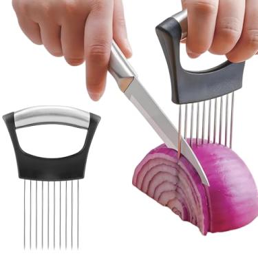 Imagem de 2 fatiadores de cebola, suporte de cebola para fatiar, picador, fatiador de tomate, cortador de vegetais de tomate de aço inoxidável para batata, abacate, ovos, assistente de alimentos.