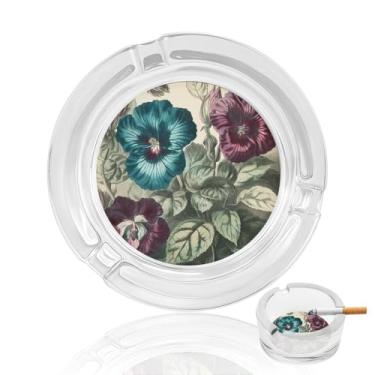 Imagem de Cinzeiro de vidro de cristal com pintura de três flores, cinzeiro redondo de vidro resistente para fumar, portátil, decorativo, moderno, para uso em casa, escritório, interior, exterior, pátio