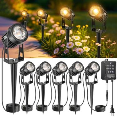 Imagem de ROLANCHE Kit de iluminação de paisagem de baixa tensão Plug and Play, pacote com 6 luzes de paisagem com transformador inteligente e cabo de 1,8 m, branco quente à prova d'água luzes LED spot para