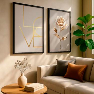 Imagem de Kit 2 Quadros Decorativos Love Tipografia Flor Dourada Romântico Minimalista Quarto Sala Com Moldura