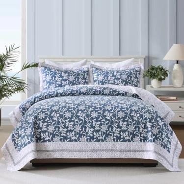 Imagem de PERHOM Colcha King 100% algodão, colcha king size com 2 fronhas, estampa floral azul e branca, edredom macio leve, conjunto de cama acolchoada de fazenda, 3 peças