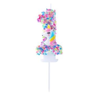 Imagem de EAKE Vela de unicórnio número 1 - topo de bolo roxo brilhante brilhante 1 com decoração de unicórnio 3D - perfeita para bolos temáticos de 1º aniversário e fantasia