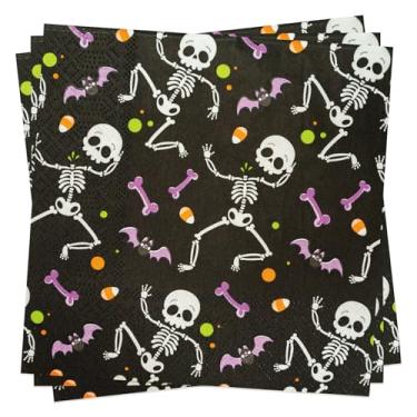 Imagem de Guardanapos de festa de Halloween, guardanapos de papel descartáveis de esqueleto preto de 33 cm x 33 cm, guardanapos de bebidas 50 unidades para crianças de Halloween, suprimentos de festa à fantasia decorações de mesa