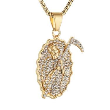 Imagem de AsAlways Colar de Papai Noel Muerte para homens, aço inoxidável, gótico, ceifador, santa morte, foice, caveira, pingente, joia de presente