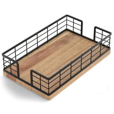 Imagem de Wican Suporte de toalha de hóspede bandeja para banheiro, suporte de guardanapos de acácia e ferro para lavabo mesa de jantar cesta de madeira para toalhas de mão de papel descartáveis preto e acácia