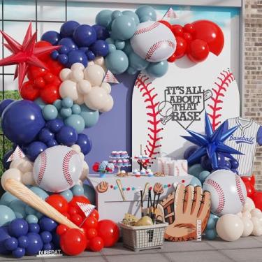 Imagem de Kit de arco de guirlanda de balão de beisebol, 141 peças vermelho branco azul escuro azul crepúsculo com balões de estrela de taco de beisebol 3D para suprimentos de festa