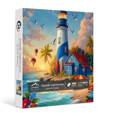 Imagem de Beach Puzzles for Adults 1000 Pieces, PICKFORU Coastal Lighthouse Jigsaw Puzzles Summer Seaside Surfboard Flowers, Challenging Ocean Scenery Theme as Wall Decor