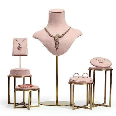 Imagem de Suporte de exibição de colar de veludo para exibição de busto, conjunto organizador de colar de joias rosa, suporte de joias de busto pequeno, suporte de brinco, 5 peças de exibição de colar para