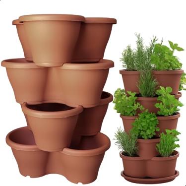 Imagem de Kit 4 Vaso Treviso Tabaco Empilhável Jardim Vertical 11L Borda Anti Formiga para Plantas Ornamentais, Hortas, Frutas, Temperos, Suculentas e Flores