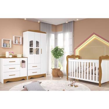 Imagem de Quarto Infantil Completo Lisi 3 Peças (1GuardaRoupa+1Berço+1Cômoda) QI115 Branco/Amendoa - Peroba